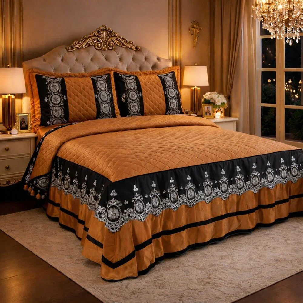 Gold Velvet Bedspread King Queen Luxury Ruffle Bedding Set Vintage